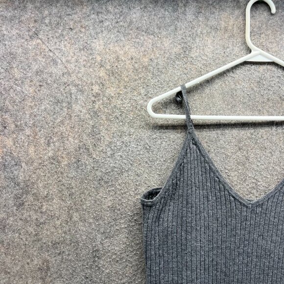 7 For All Mankind Dress Women Large Gray Ribbed Knit Bodycon Midi Slip V-Neck - Picture 4 of 9